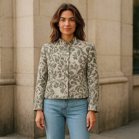 Coldwater Creek Beige Silver Jacquard Jacket Coat - Picture 1 of 10